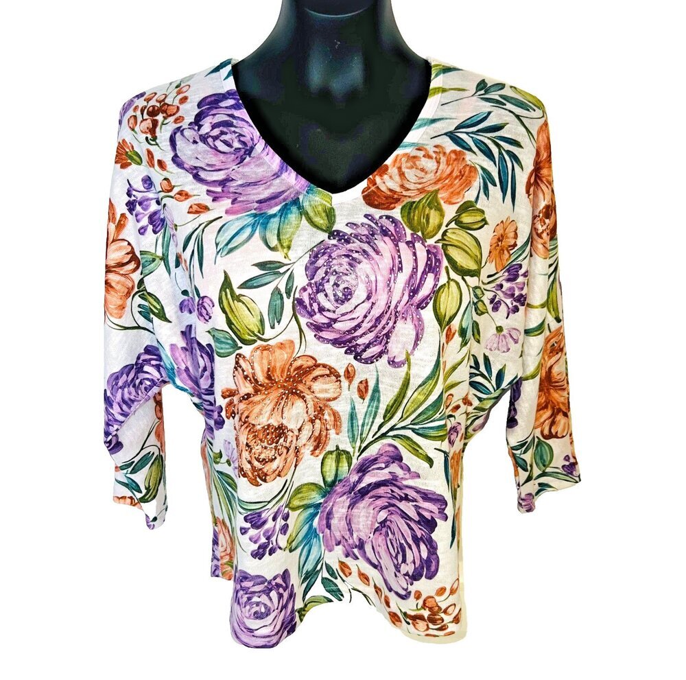 Milano - Knit Top Blouse Womens M Purple Orange Floral Dolman V-Neck